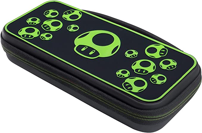 Estuche negro con diseños de champiñones verdes para Switch. Cierre con cremallera. Colores verde y negro.