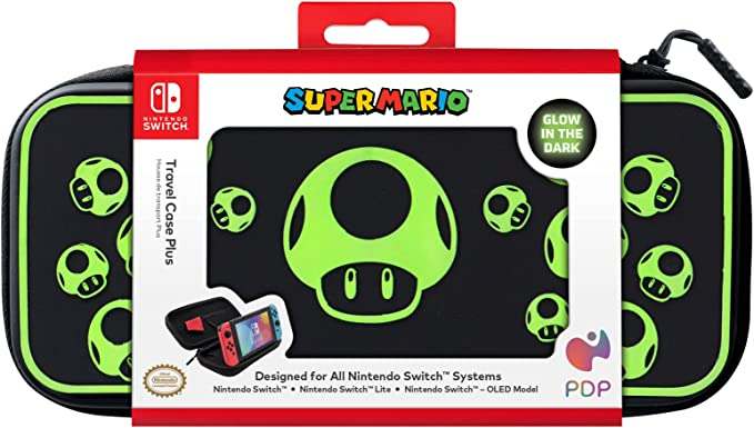 Una funda de viaje para Nintendo Switch con diseño de Super Mario, negro con gráficos de hongos verdes.