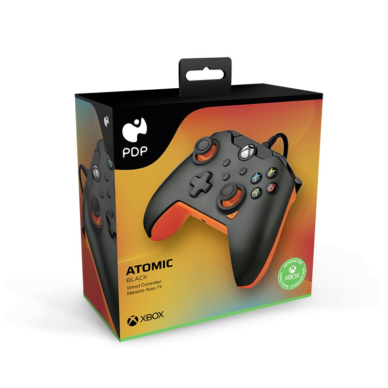 Mando PDP Atomic Black Xbox en caja, detalles naranja. Diseñado para Xbox.