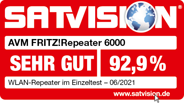 Ein rot-weißes Schild mit der Aufschrift AVM FRITZ!Repeater 6000, mit Text und einer Weltkugel-Grafik.