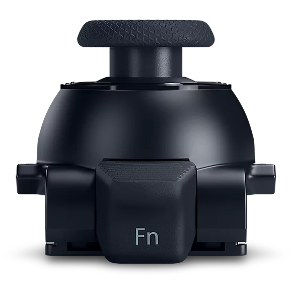 Joystick de gamepad negro con botón 'Fn', vista superior, sobre fondo negro.
