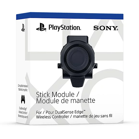 Un módulo de joystick de PlayStation en una caja blanca con los logotipos de PlayStation y Sony.