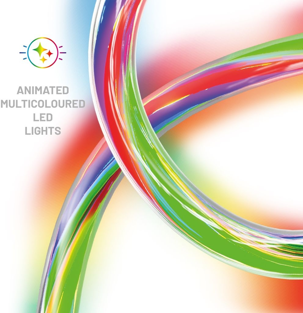 Lumières LED multicolores animées dans un motif tourbillonnant.