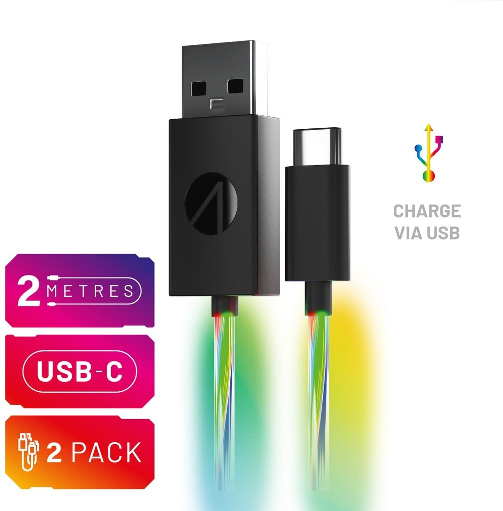 Câble USB-C avec lumières. Texte : 2 MÈTRES, USB-C, LOT DE 2. Charge via USB.