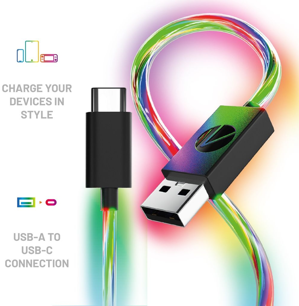 Un câble USB-A vers USB-C avec un effet de lumière brillant et multicolore.