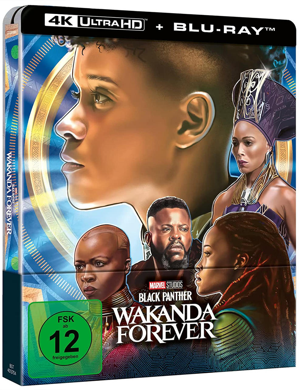 Blu-ray-Boxart für 'Black Panther: Wakanda Forever' mit Charakterporträts.