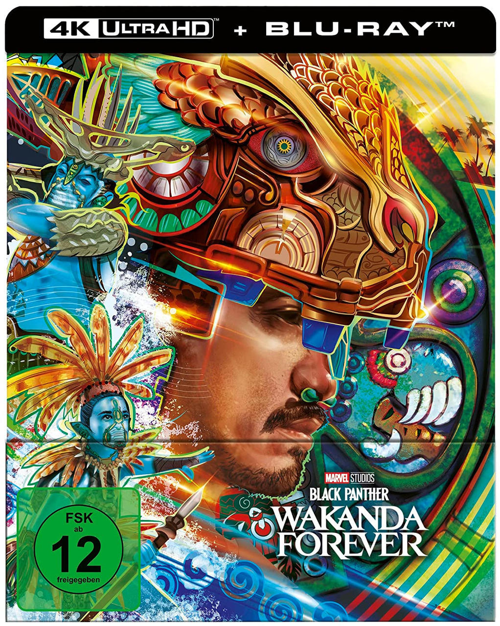 Filmcover für Black Panther: Wakanda Forever. Zeigt ein Gesicht mit kunstvollem Kopfschmuck.