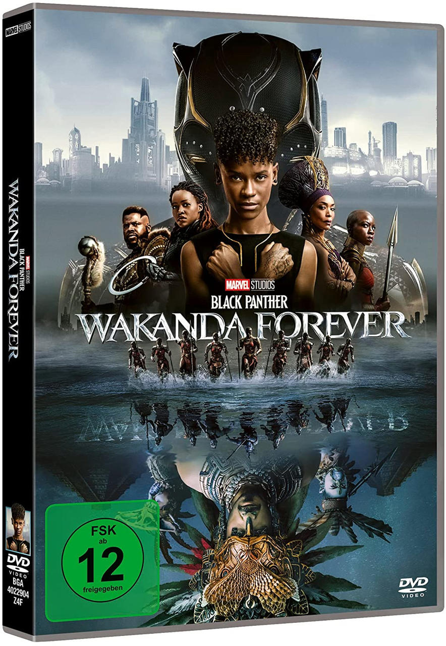 DVD-Cover von 'Black Panther: Wakanda Forever'. Es hat Filmcharaktere und Titel.