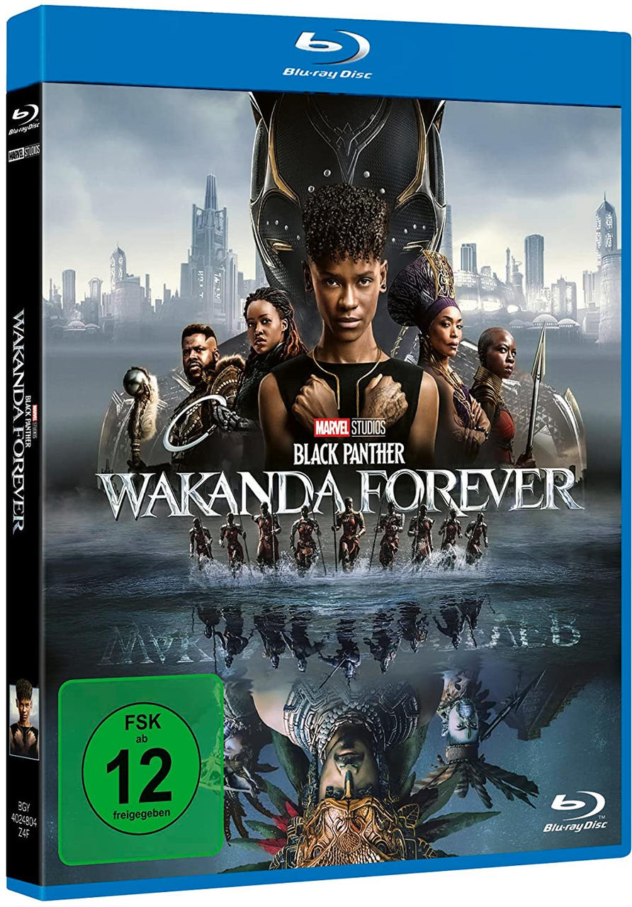 Blu-ray-Disc-Box mit Wakanda Forever mit mehreren Figuren.