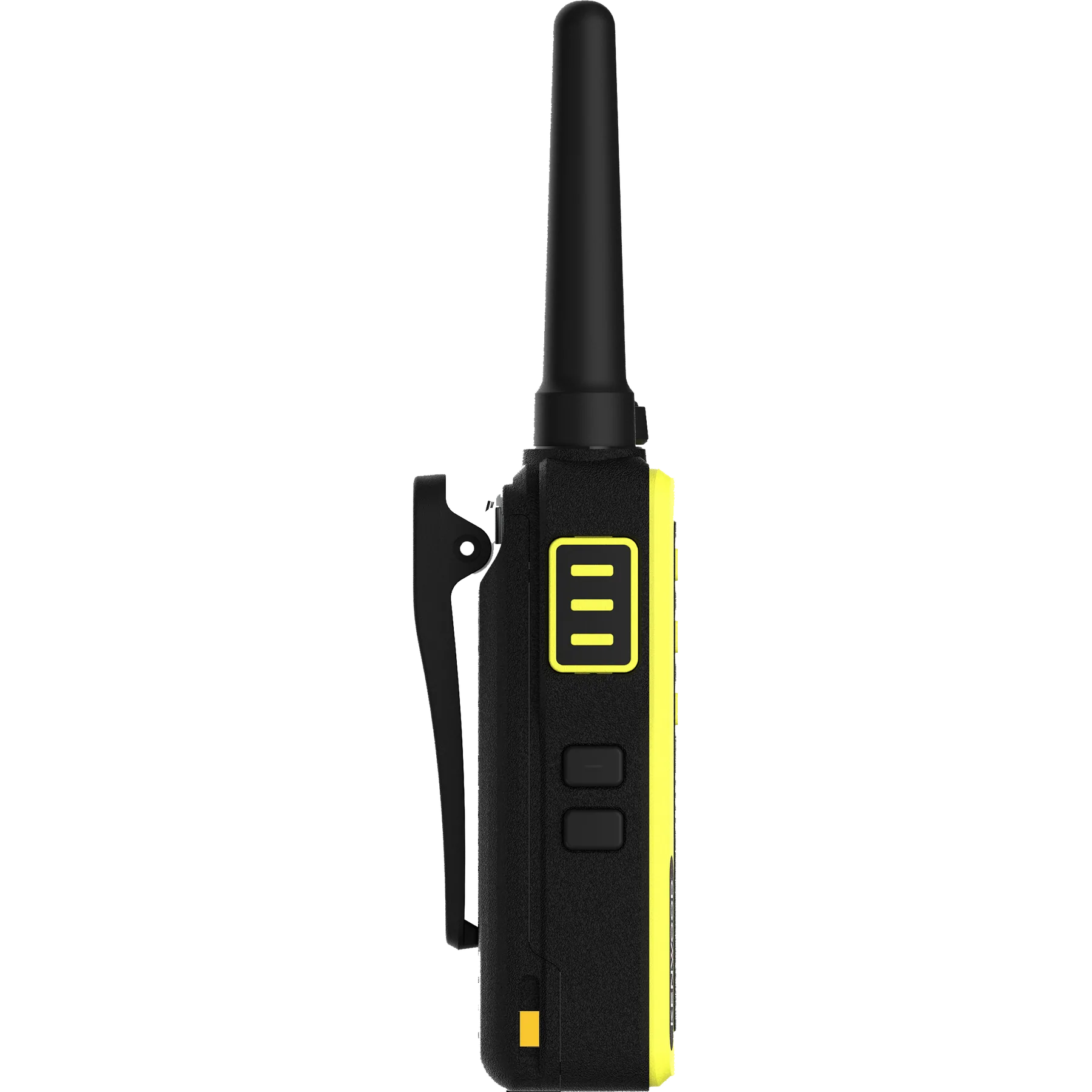 Schwarz-gelbes Walkie-Talkie mit Antenne und Clip vor schwarzem Hintergrund.