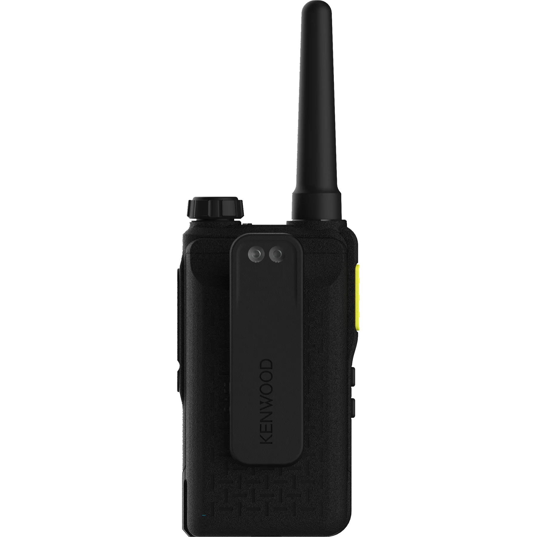 Schwarzes Kenwood Walkie-Talkie. Antenne, Clip und Knöpfe sichtbar. Schwarzer Hintergrund.