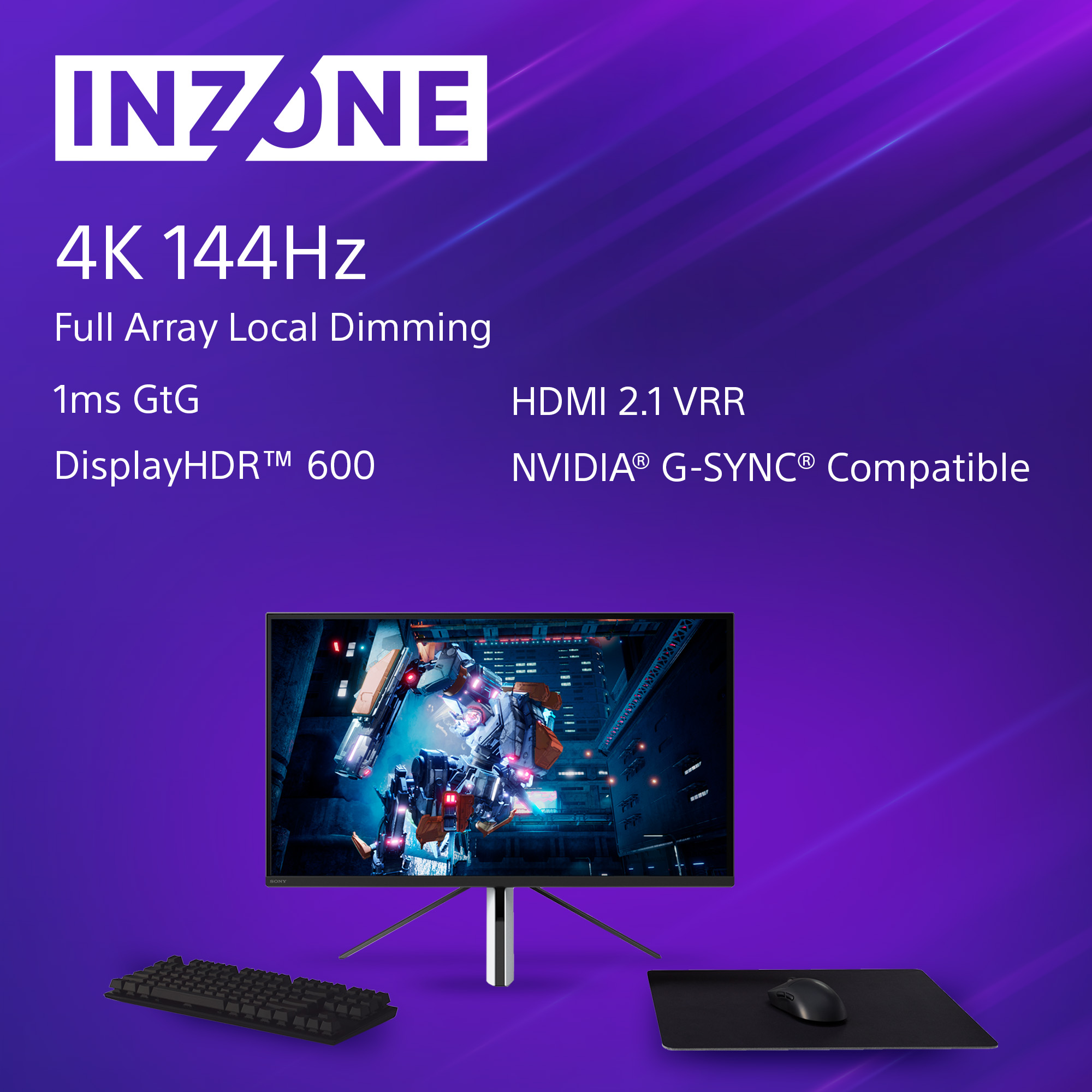 Ein Monitor mit einem Gaming-Bildschirm vor einer Tastatur und Maus auf lila Hintergrund.