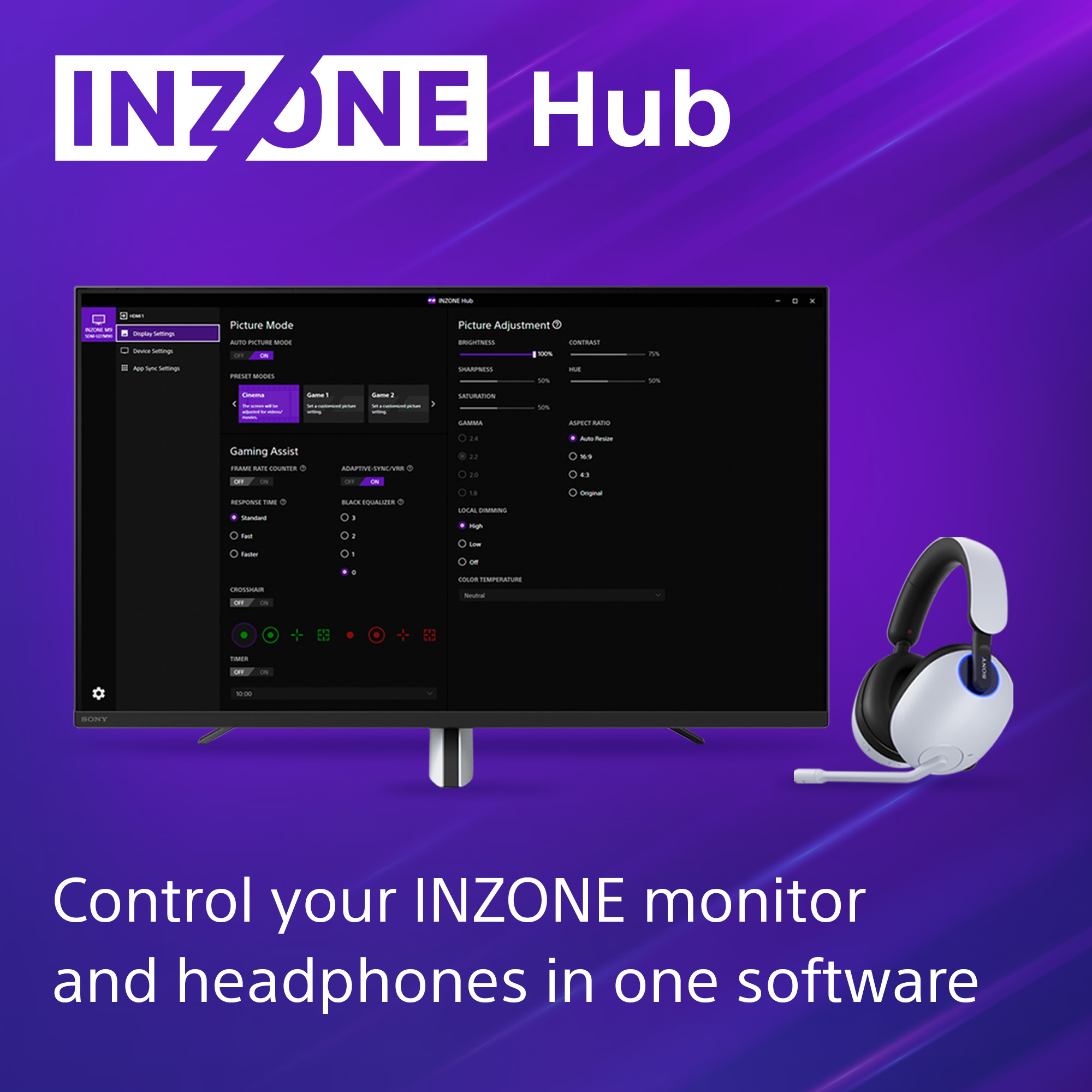 Computerbildschirm mit Softwareoberfläche. Weißes Headset rechts. Lila Hintergrund.