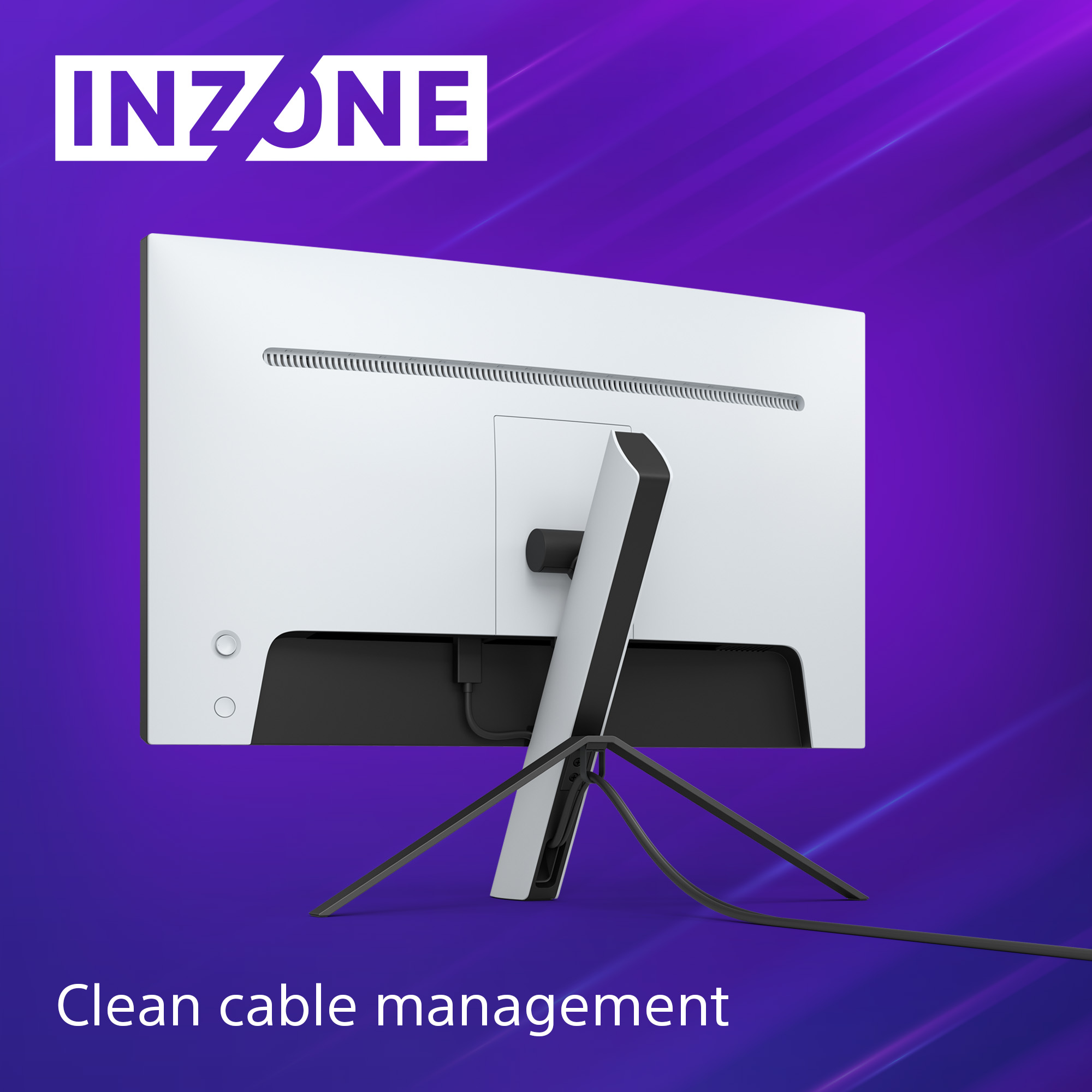 Weiße Monitorrückseite. Schwarzer Ständer, Kabelmanagement. INZONE-Logo oben. Lila Hintergrund.