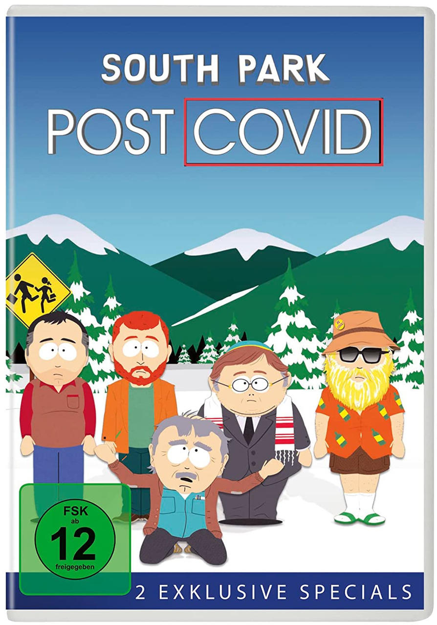 South Park DVD-Cover: Charaktere, schneebedeckter Berg-Hintergrund. Titel: "Post Covid" rot markiert.
