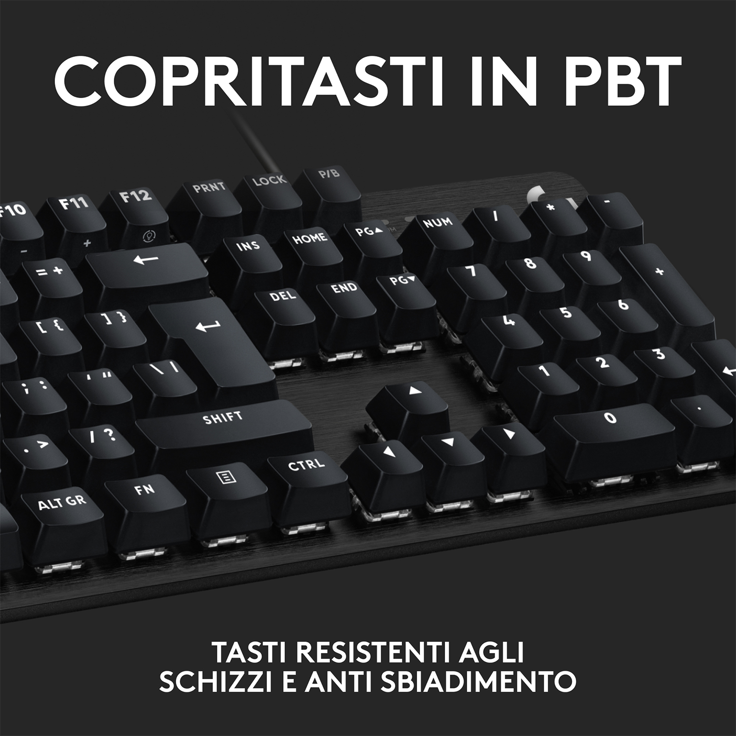 Tastiera nera con tasti etichettati. Testo bianco in alto.