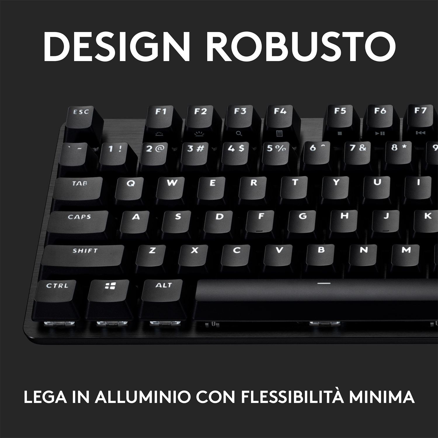 Primo piano di una tastiera nera. I tasti sono visibili con scritte bianche.