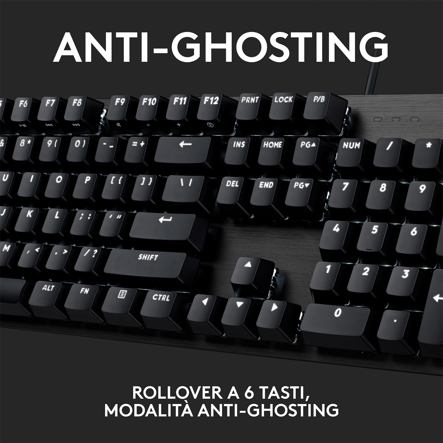 Tastiera nera con tasti bianchi e testo 'ANTI-GHOSTING' sopra. Vista ravvicinata.