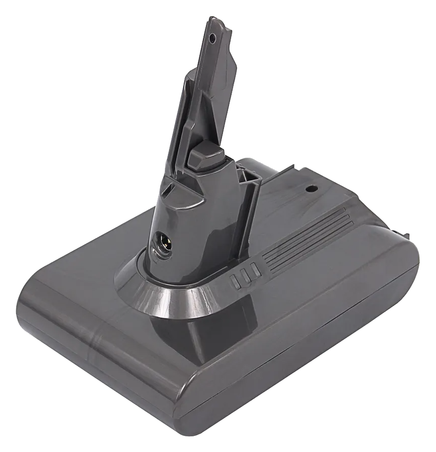 Une batterie grise pour aspirateur Dyson avec un port de charge.