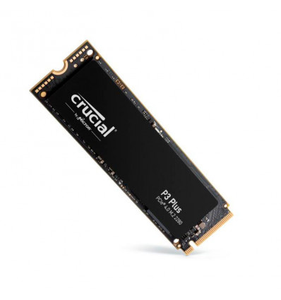 SSD Crucial P3 Plus negra sobre fondo blanco.