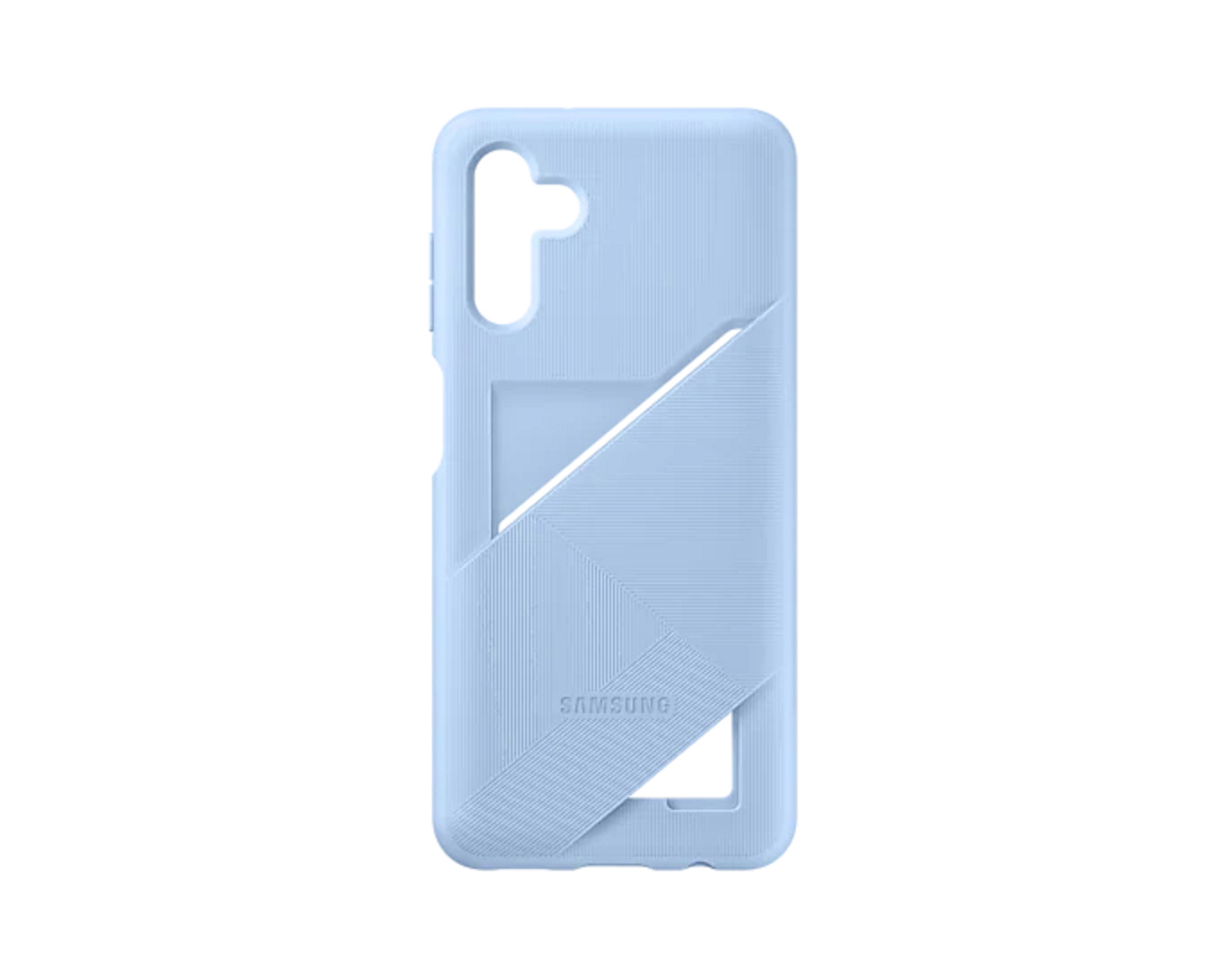 Hellblaue Handyhülle mit strukturierter Oberfläche und einer Tasche. Mit Samsung-Logo.