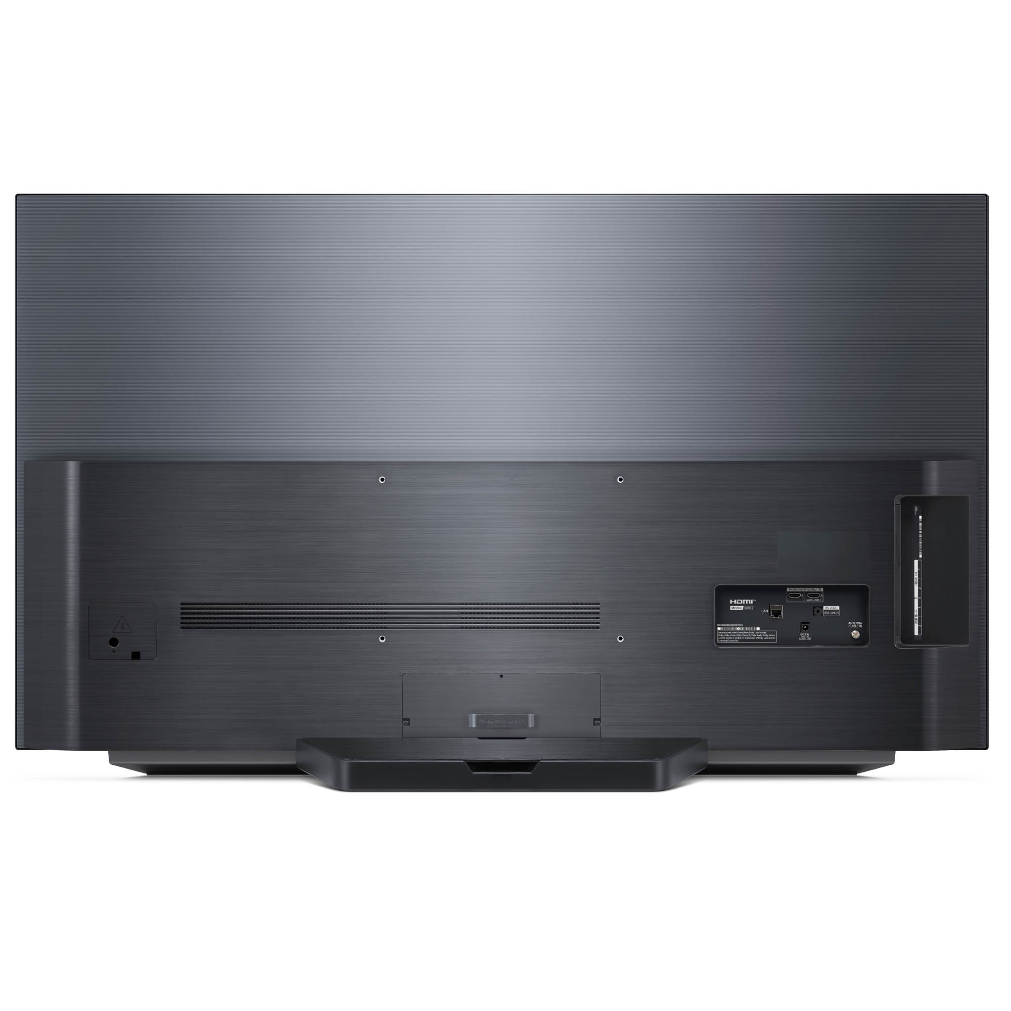 Vista trasera de un televisor OLED negro. La parte trasera muestra puertos, el soporte está en la parte inferior.