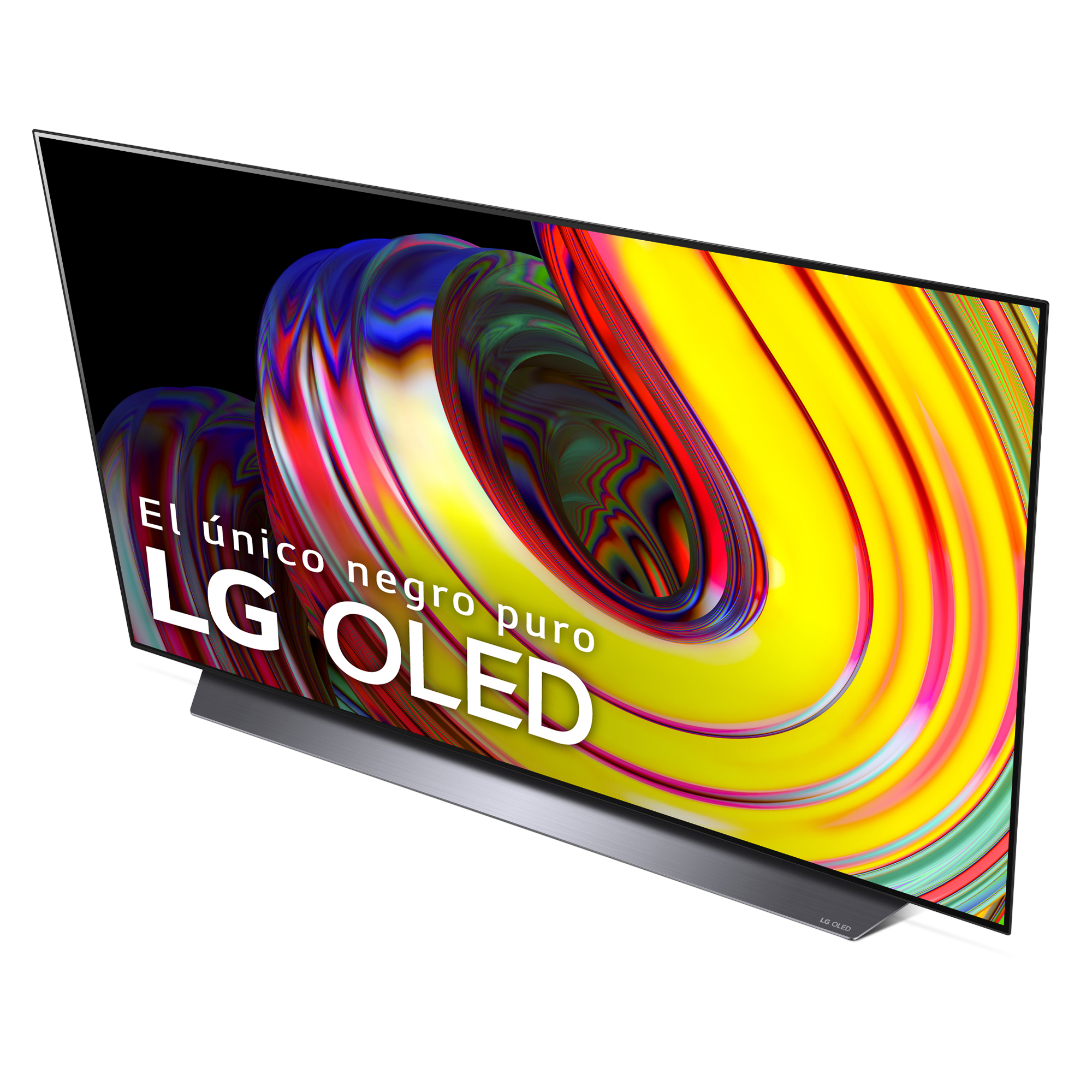Televisor LG OLED, pantalla negra con diseño abstracto multicolor y logotipo LG OLED.