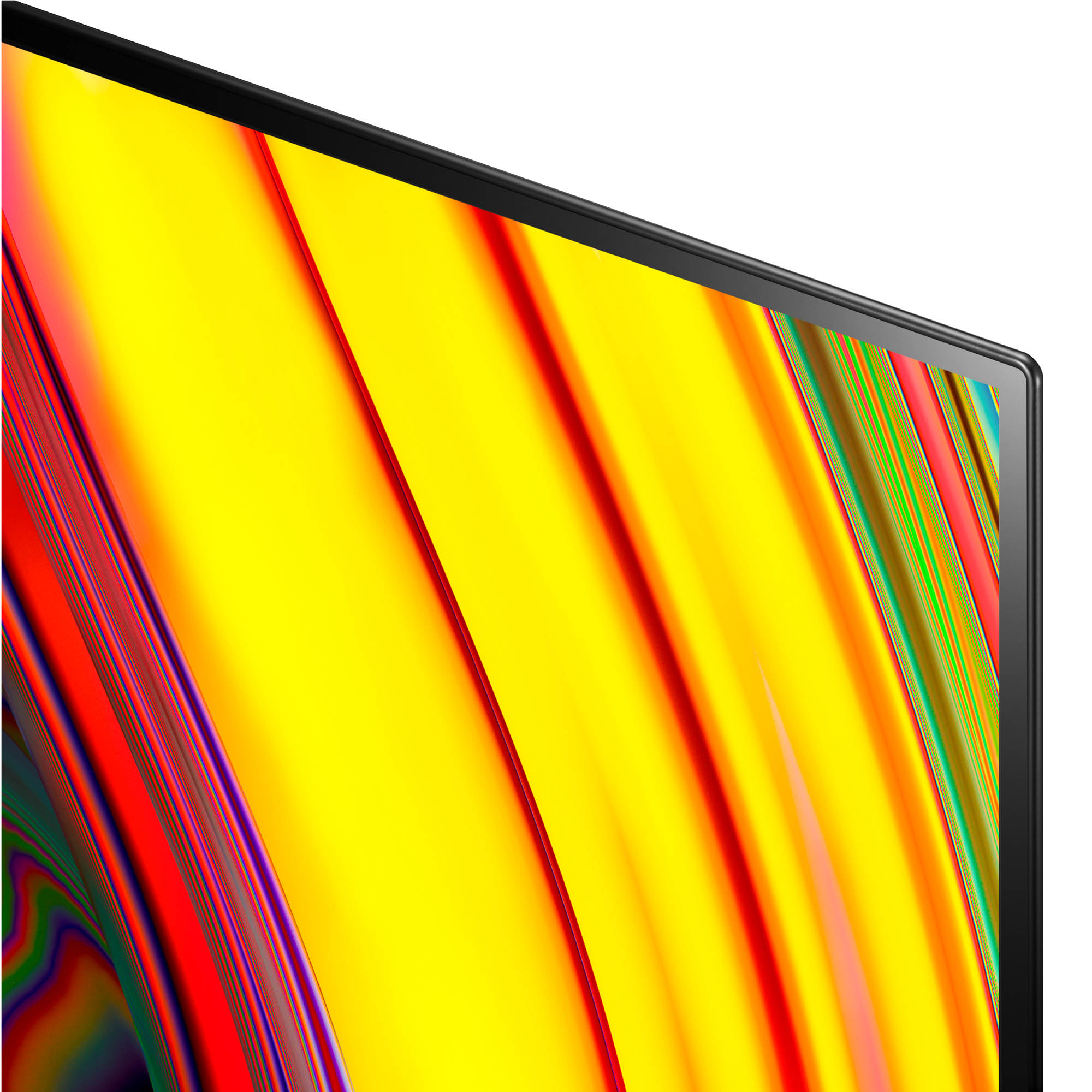 Primer plano de una pantalla de TV que muestra patrones amarillos y rojos.