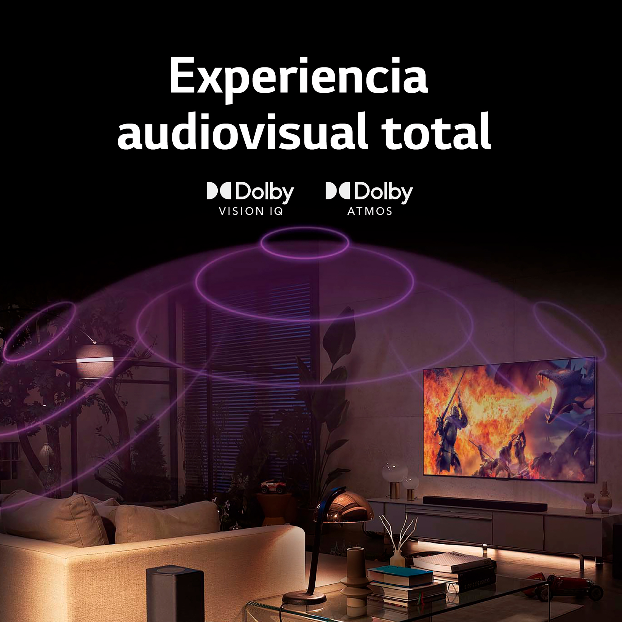 Salón con TV mostrando una escena de fantasía, con gráficos de ondas sonoras.
