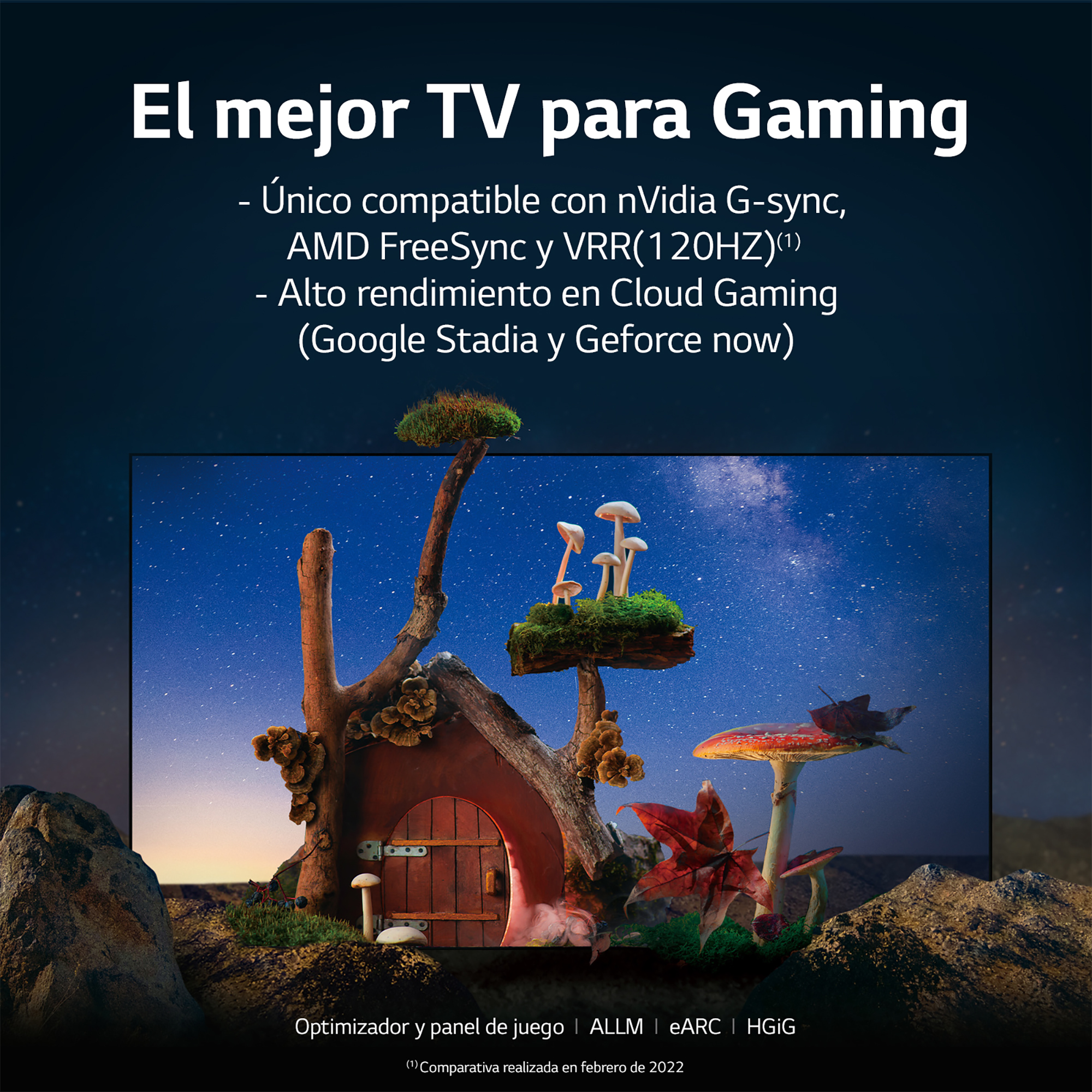 Una escena de cuento de hadas con una casa, hongos y un cielo estrellado.