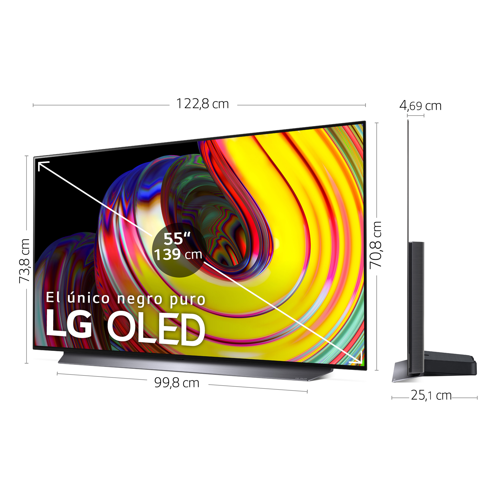 Televisor LG OLED de 55 pulgadas con marcas dimensionales.