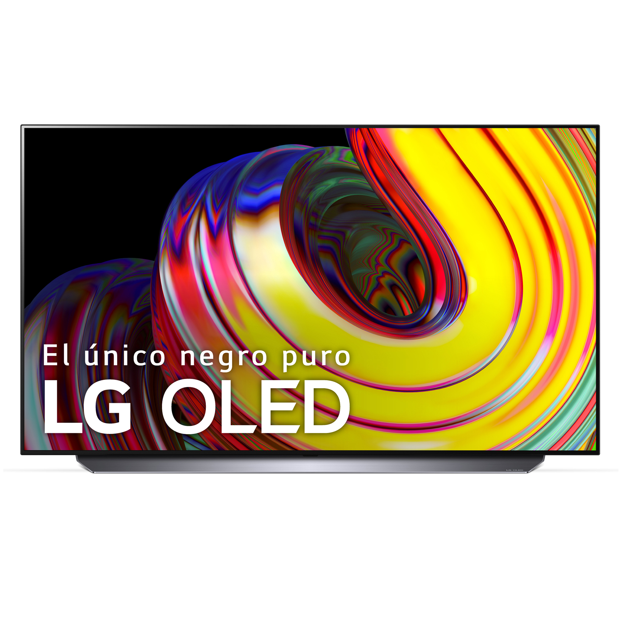 TV LG OLED con arte abstracto colorido en pantalla. Marco negro, fondo negro.