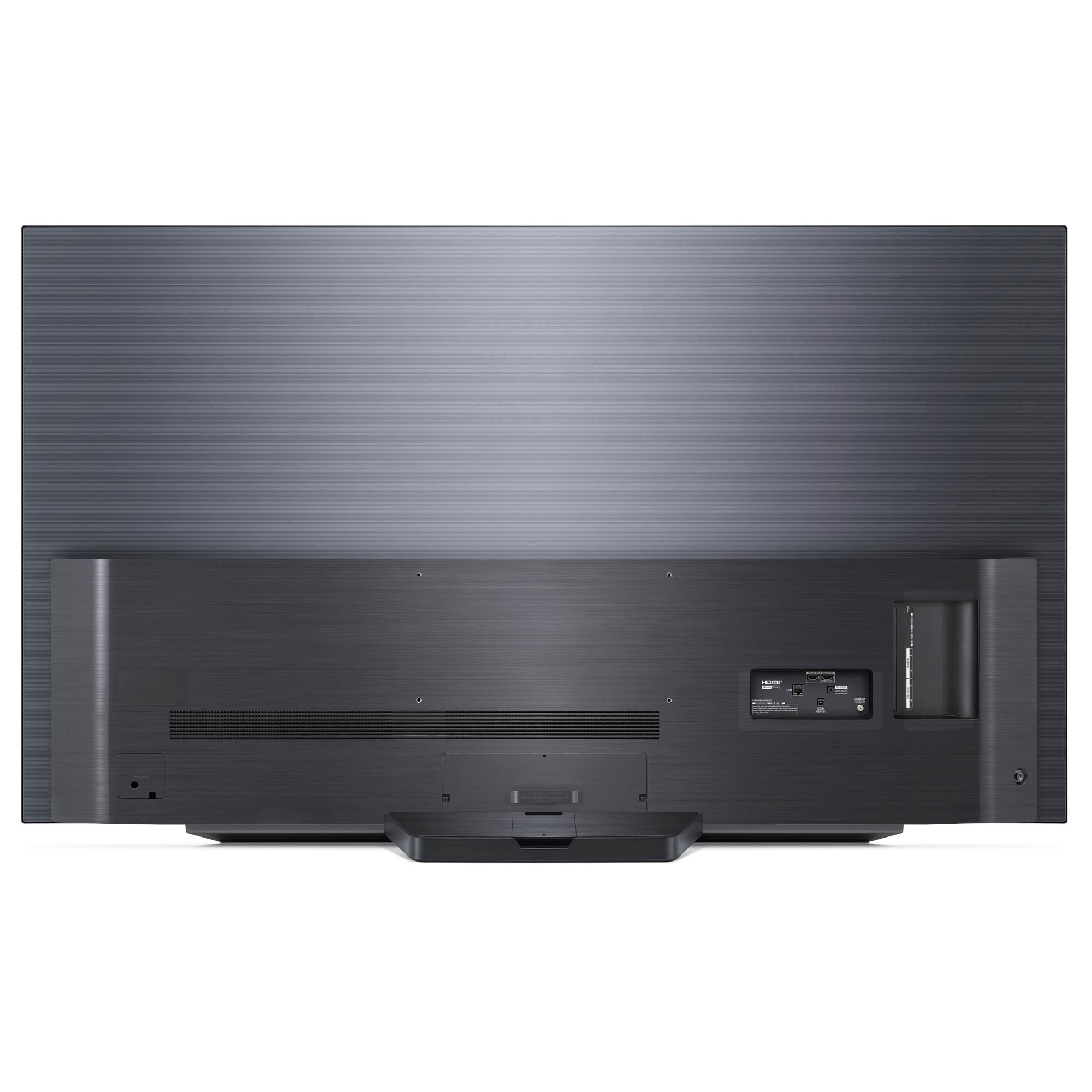 Parte trasera de un televisor grande y gris oscuro con puertos y base.