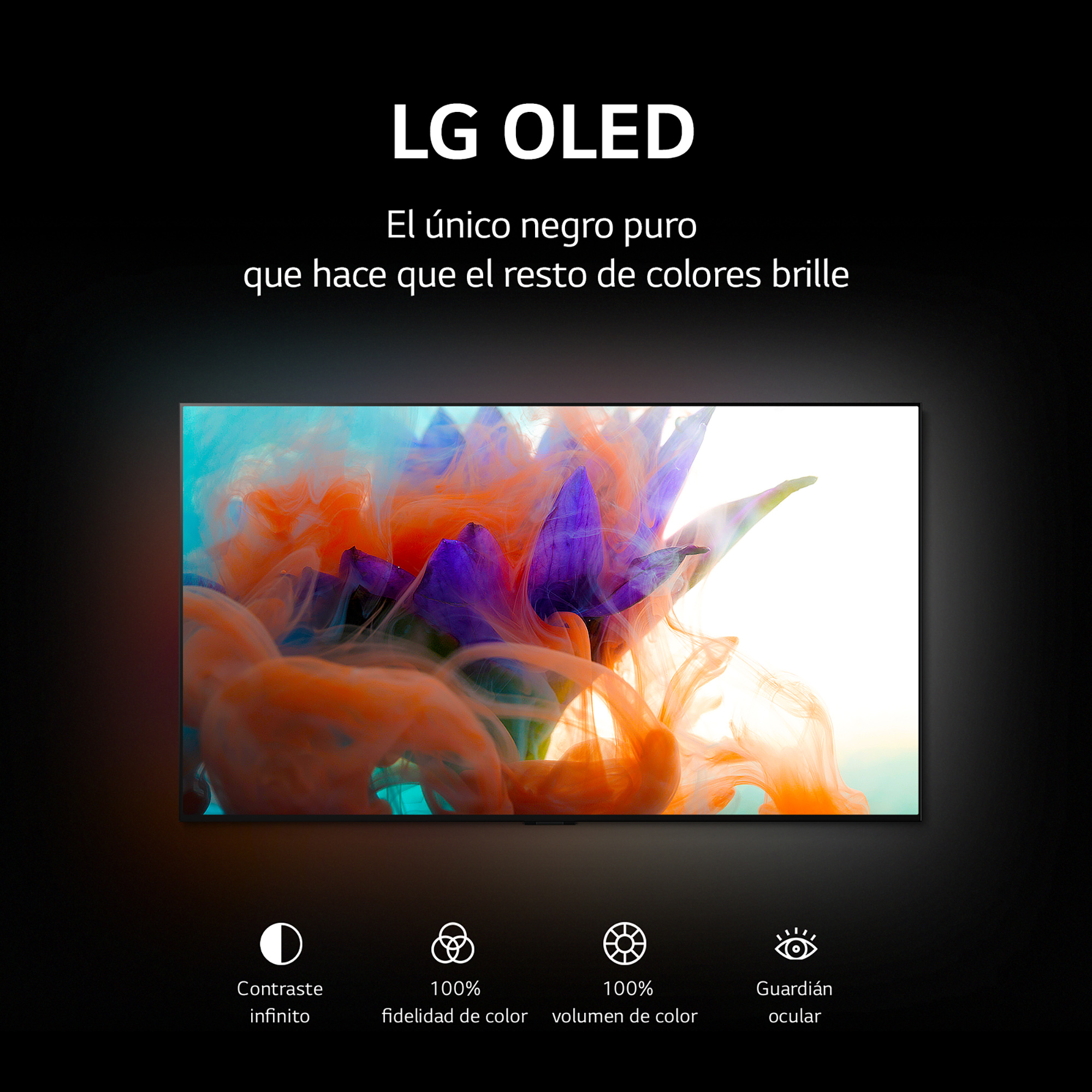 TV LG OLED con arte abstracto colorido. La pantalla muestra texto con iconos debajo.