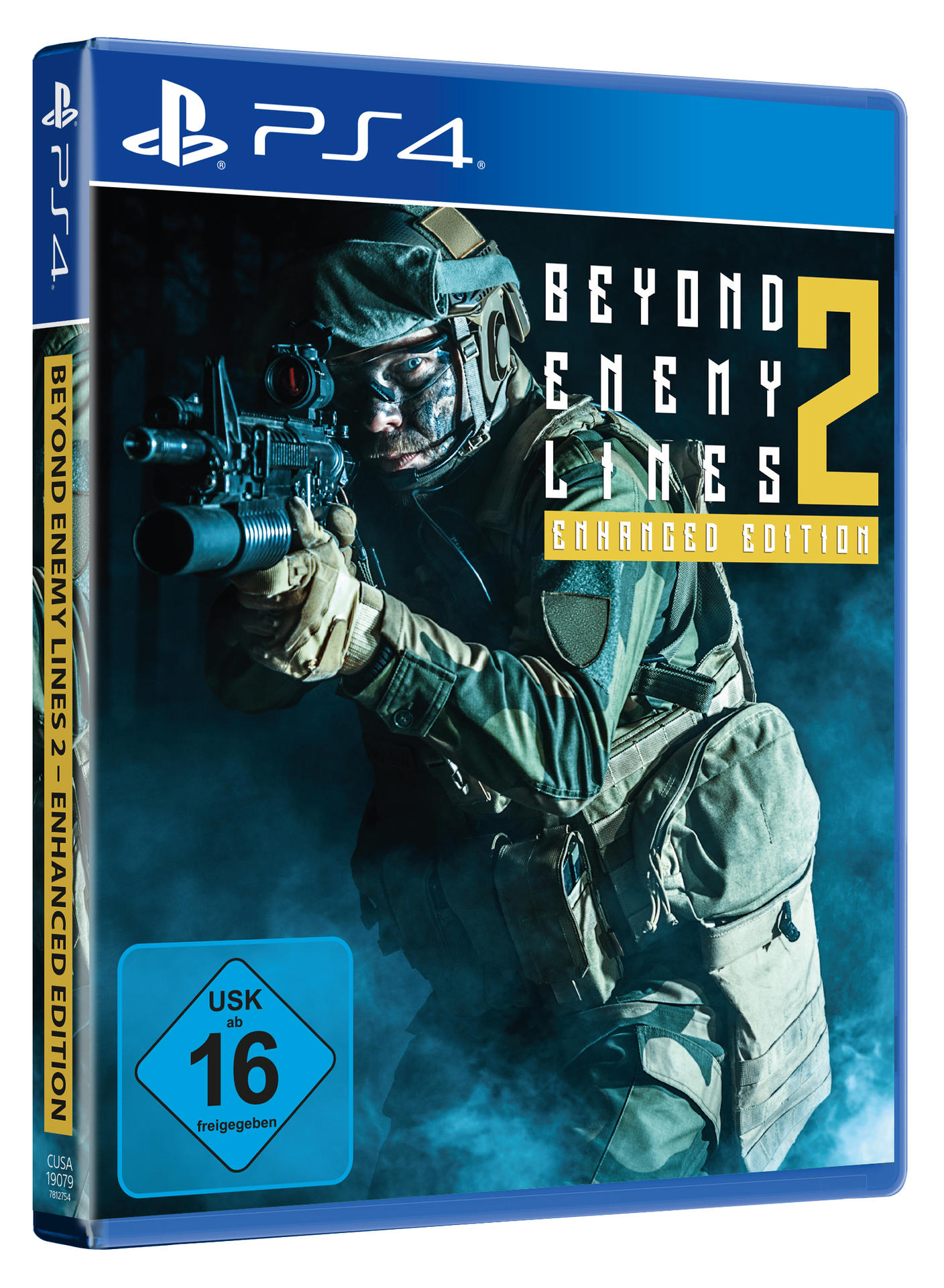 PS4-Spielbox von Beyond Enemy Lines 2, mit Soldatenbild und Spieltiteltext. Blaue und schwarze Farben.