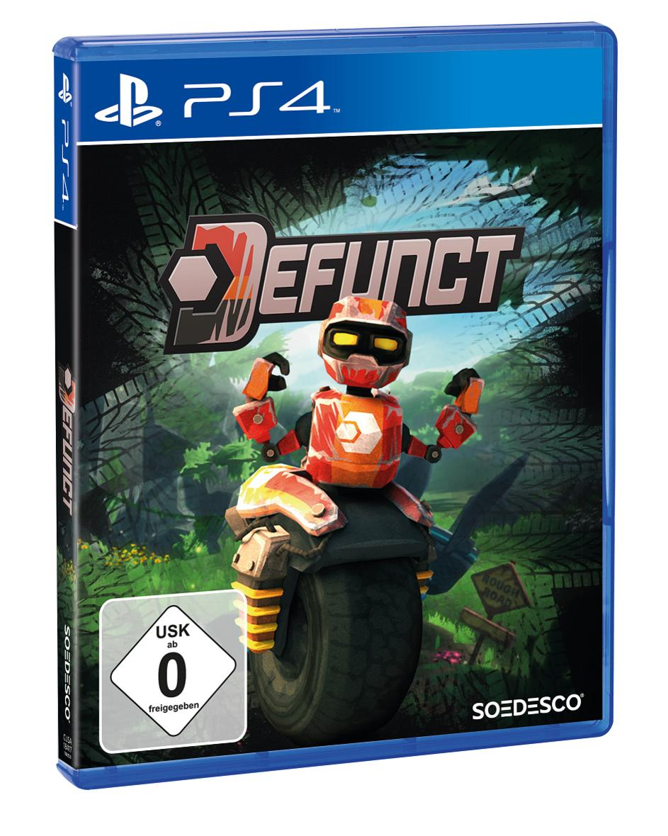 Defunct PS4-Spielbox. Ein Roboter auf einem Rad springt über einen Waldhintergrund.