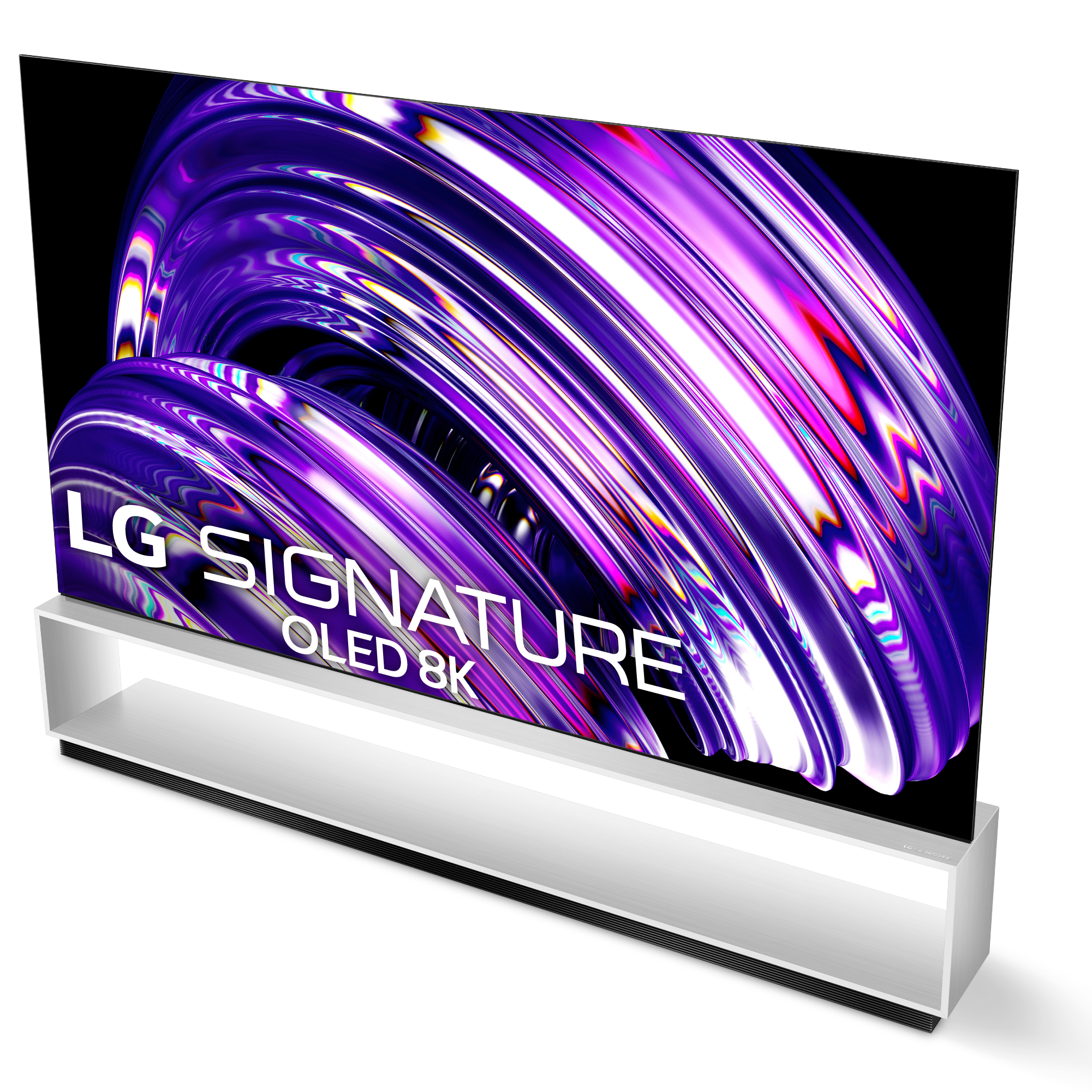 TV LG Signature OLED 8K, soporte blanco y arte de pantalla púrpura y rosa.