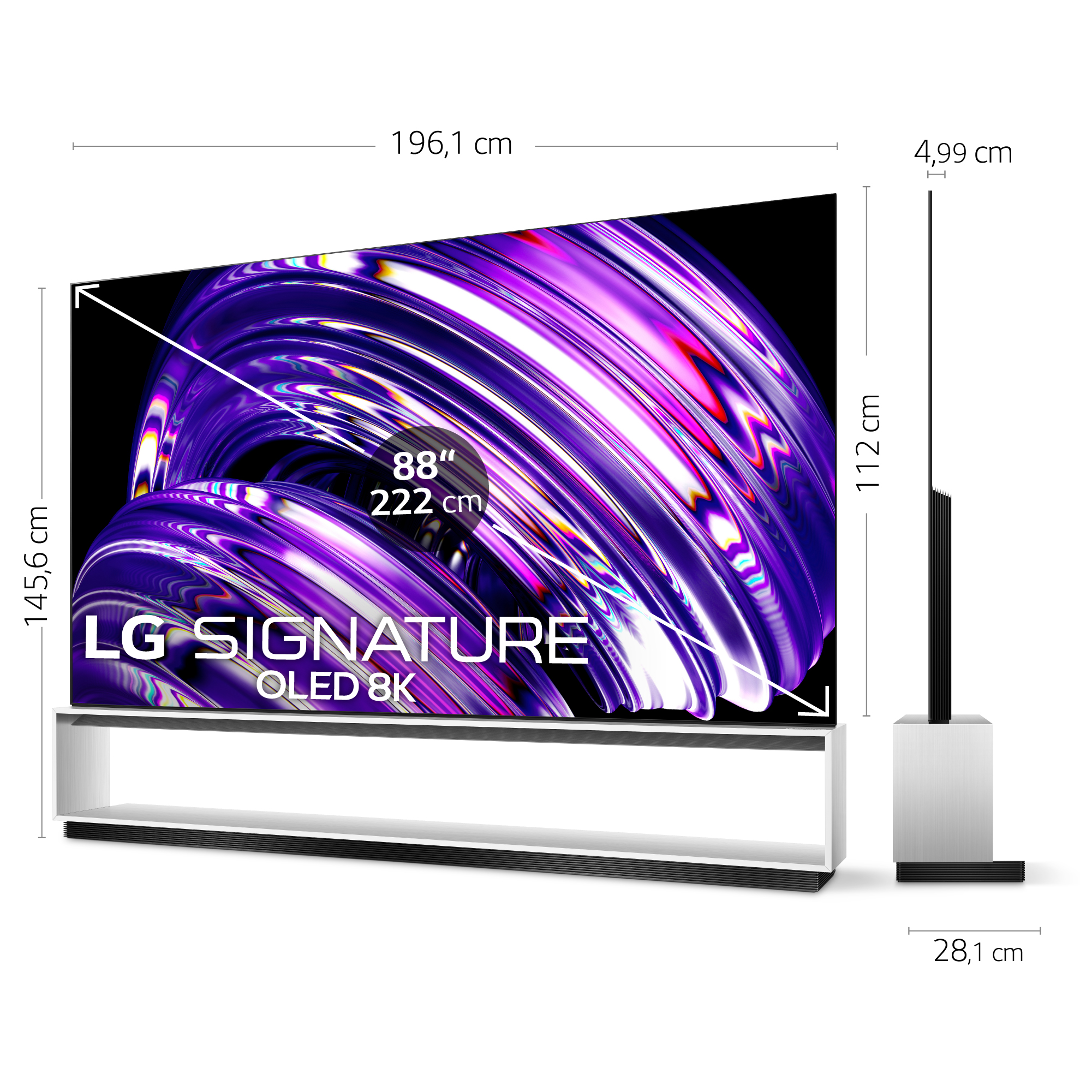 Un gran televisor LG con dimensiones mostradas. Tiene un soporte blanco y una pantalla morada.