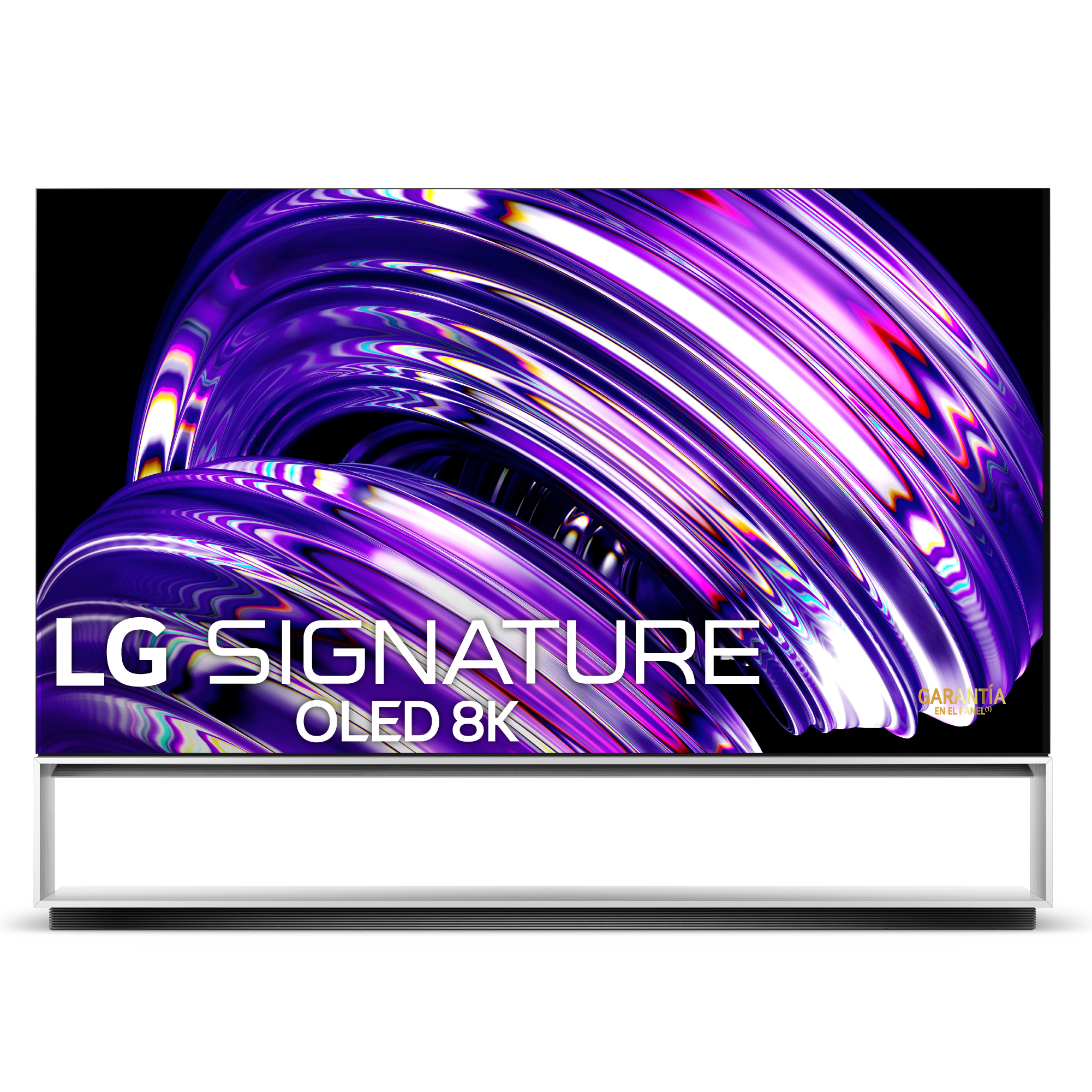 TV LG Signature OLED 8K, pantalla negra con remolinos púrpuras sobre base blanca.
