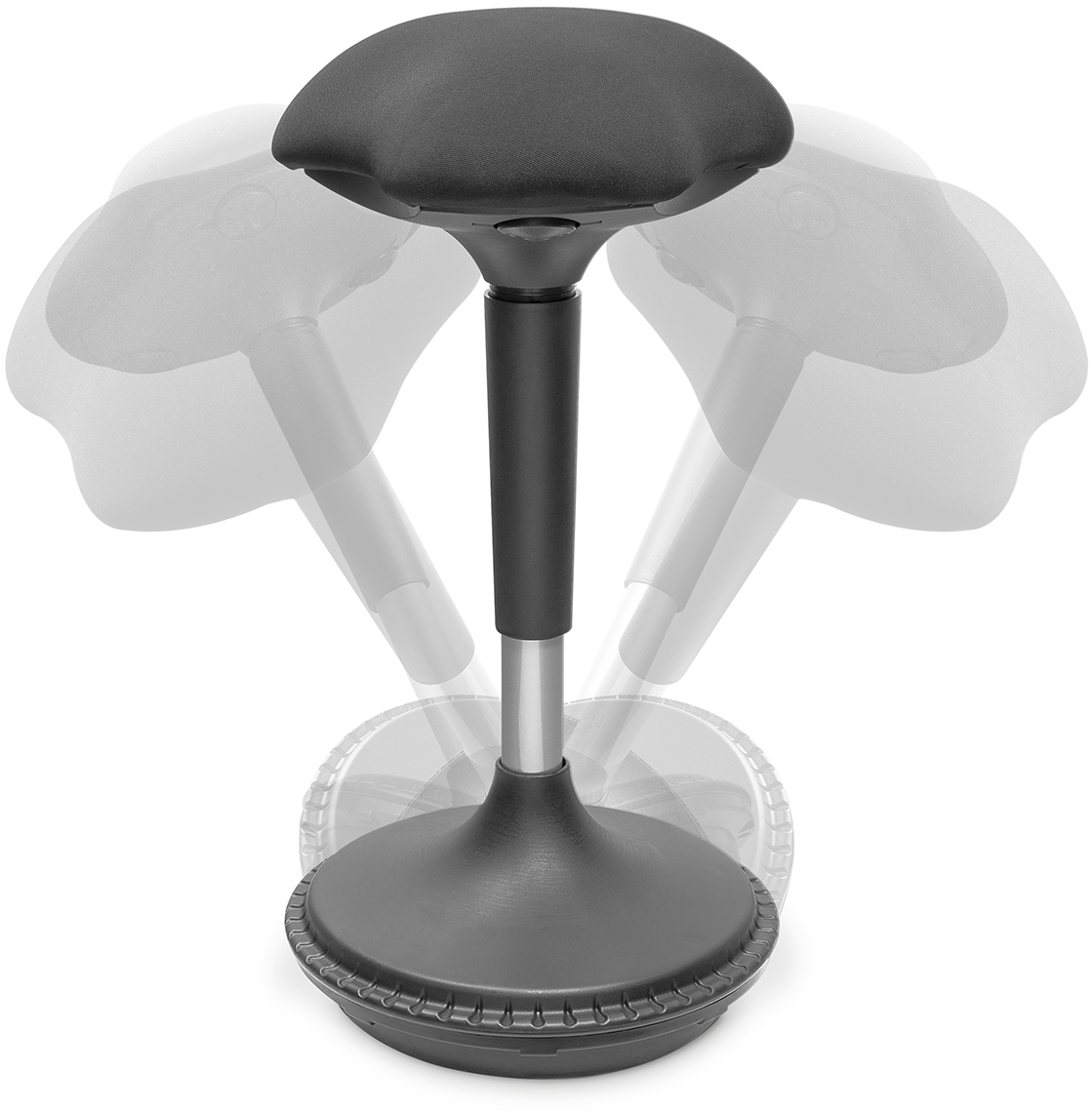 Ein grauer ergonomischer Hocker. Der Hocker wird in drei verschiedenen Winkeln in einer Sequenz gezeigt.