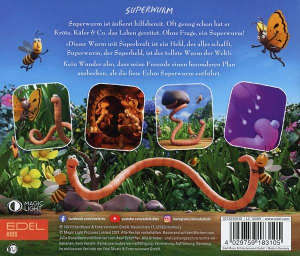 Die Rückseite eines Kinderbuches mit animierten Würmern und Insekten.