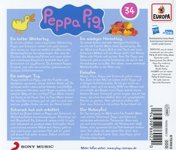 Peppa Wutz Zeichentrick-Cover. Bild von Peppa und ihren Freunden, die einen Herbsttag mit Blättern genießen.