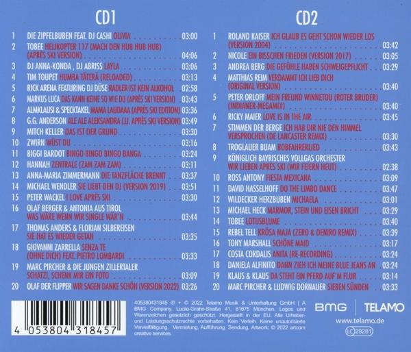 CDs und Text auf Deutsch in zwei Spalten. Listen von Künstlern, Songtiteln und -längen.