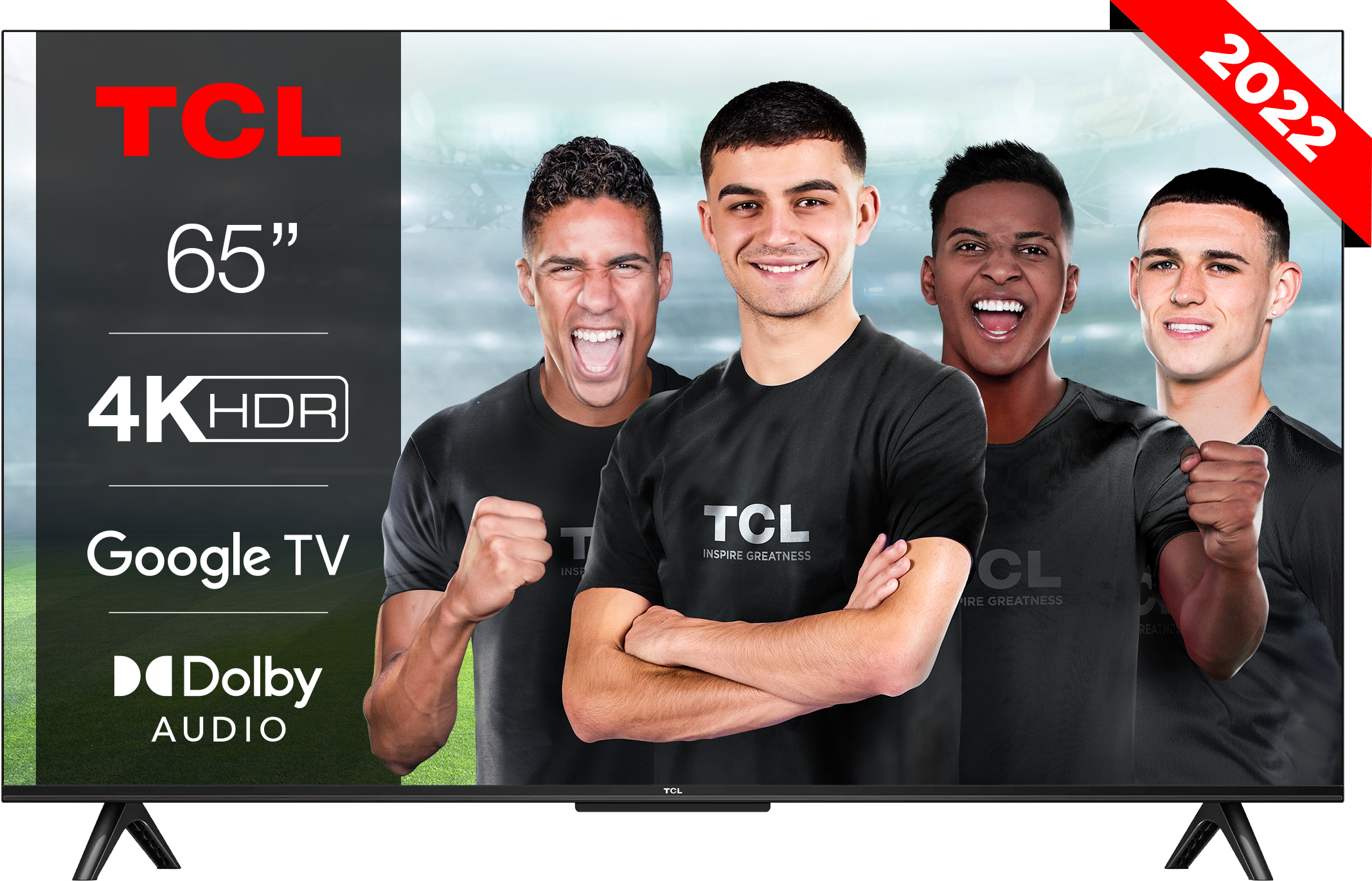 Una gran pantalla de TV con el logotipo de TCL y un grupo de personas emocionadas frente a ella.
