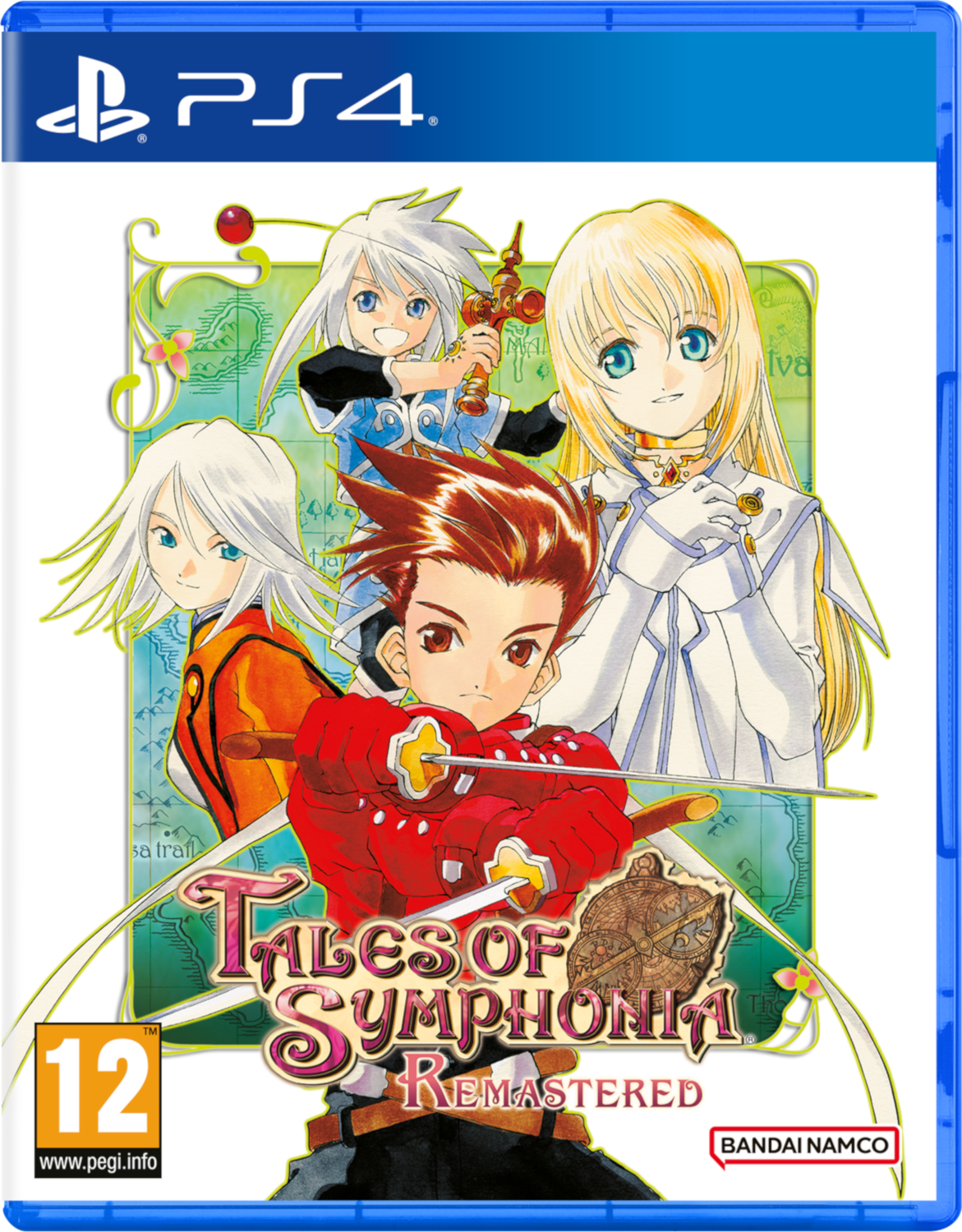 Gamecover voor "Tales of Symphonia Remastered" op PS4. Bevat anime-personages. Blauwe PS4-hoes zichtbaar.