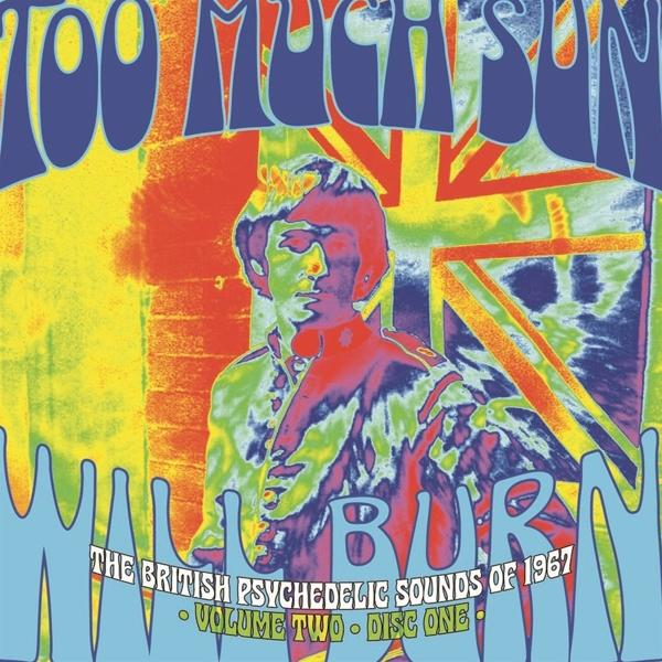 Albumcover für 'Too Much Sun' von Wallburn. Enthält ein farbenfrohes Bild eines Mannes und Text.