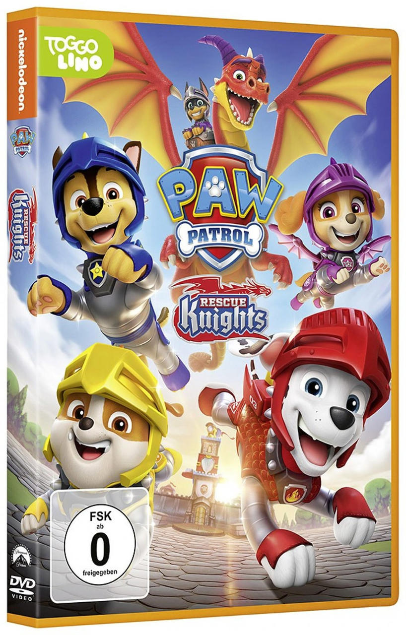 DVD-Hülle für 'Paw Patrol: Rescue Knights'. Das Cover zeigt die Charaktere in Rüstungen.