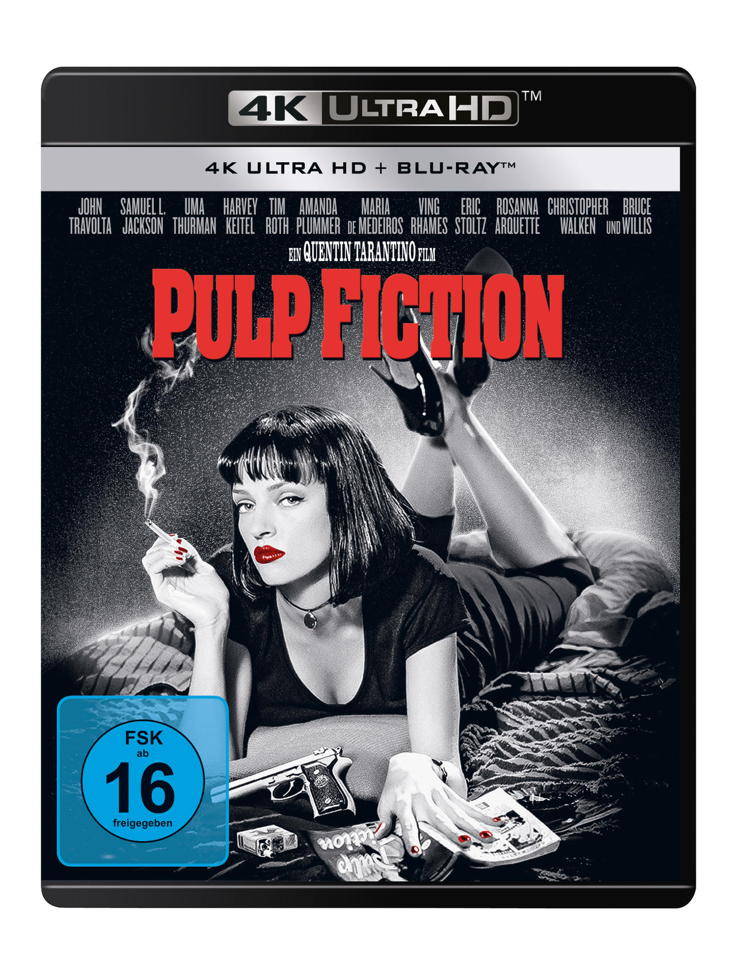 Pulp Fiction-Filmcover. Uma Thurman ist auf dem Cover und hält eine Zigarette. Eine Waffe liegt auf dem Tisch.