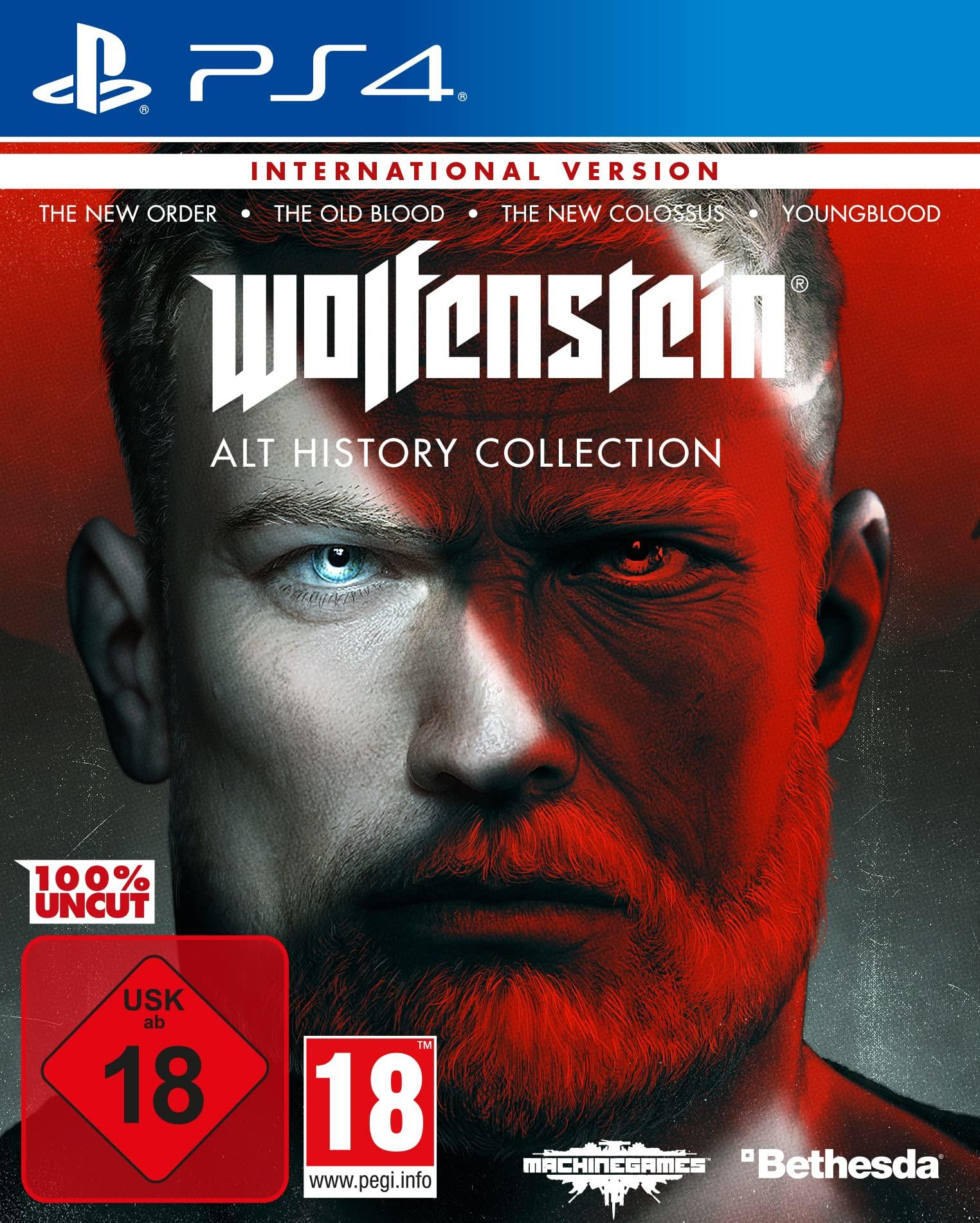 Spiel-Cover-Art: ein Männergesicht und der Titel 'Wolfenstein Alt History Collection' auf einer PS4-Hülle.