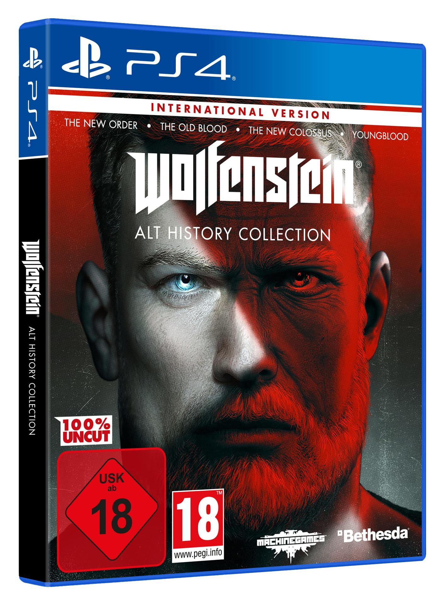 Wolfenstein-Spielbox. Gesicht eines Mannes mit zwei verschiedenen Augen. Rote und blaue Farben.